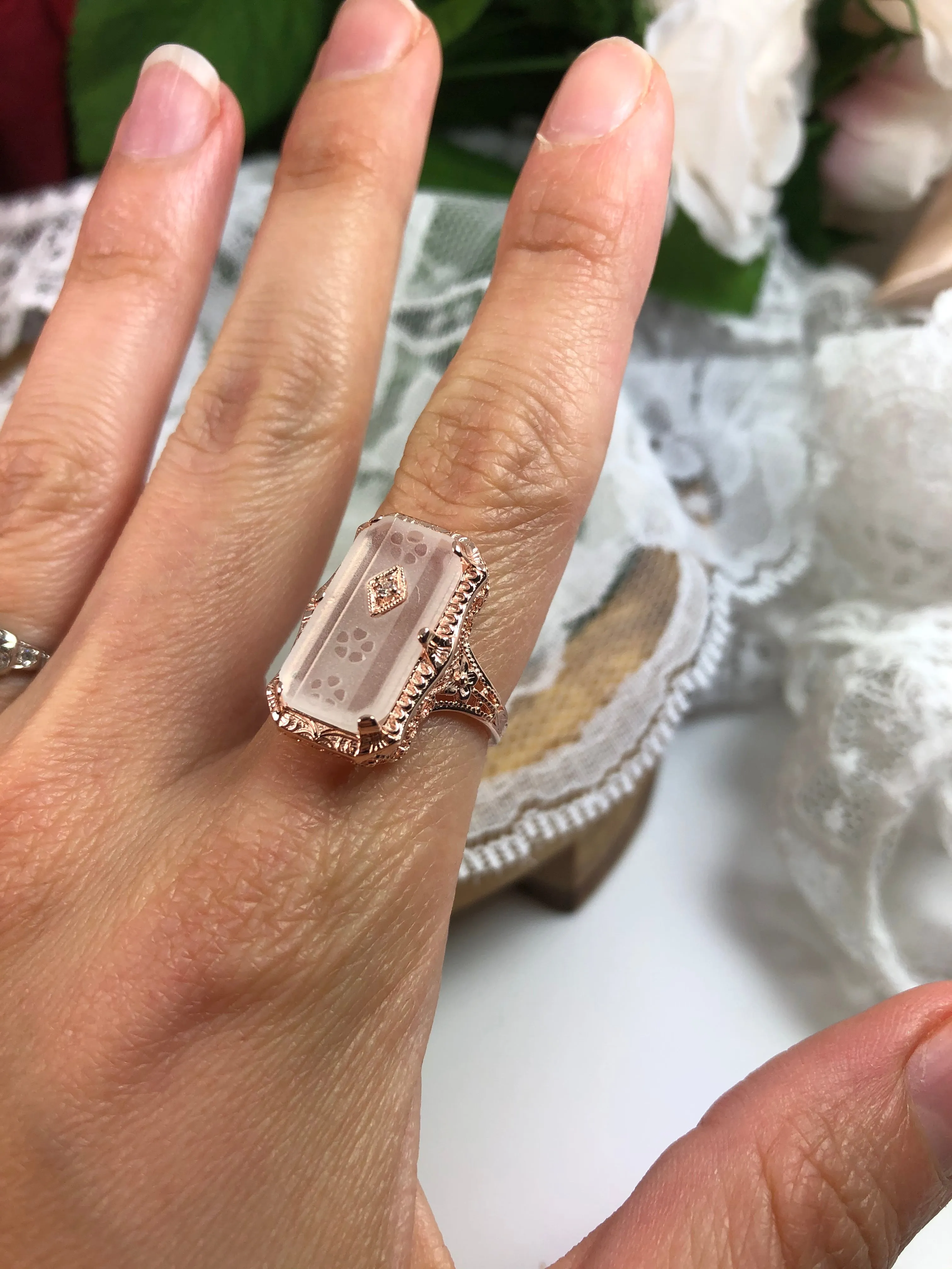Camphor Glass Ring, Rose Gold overlay, 1915 Vintage style, Edwardian Jewelry #D232