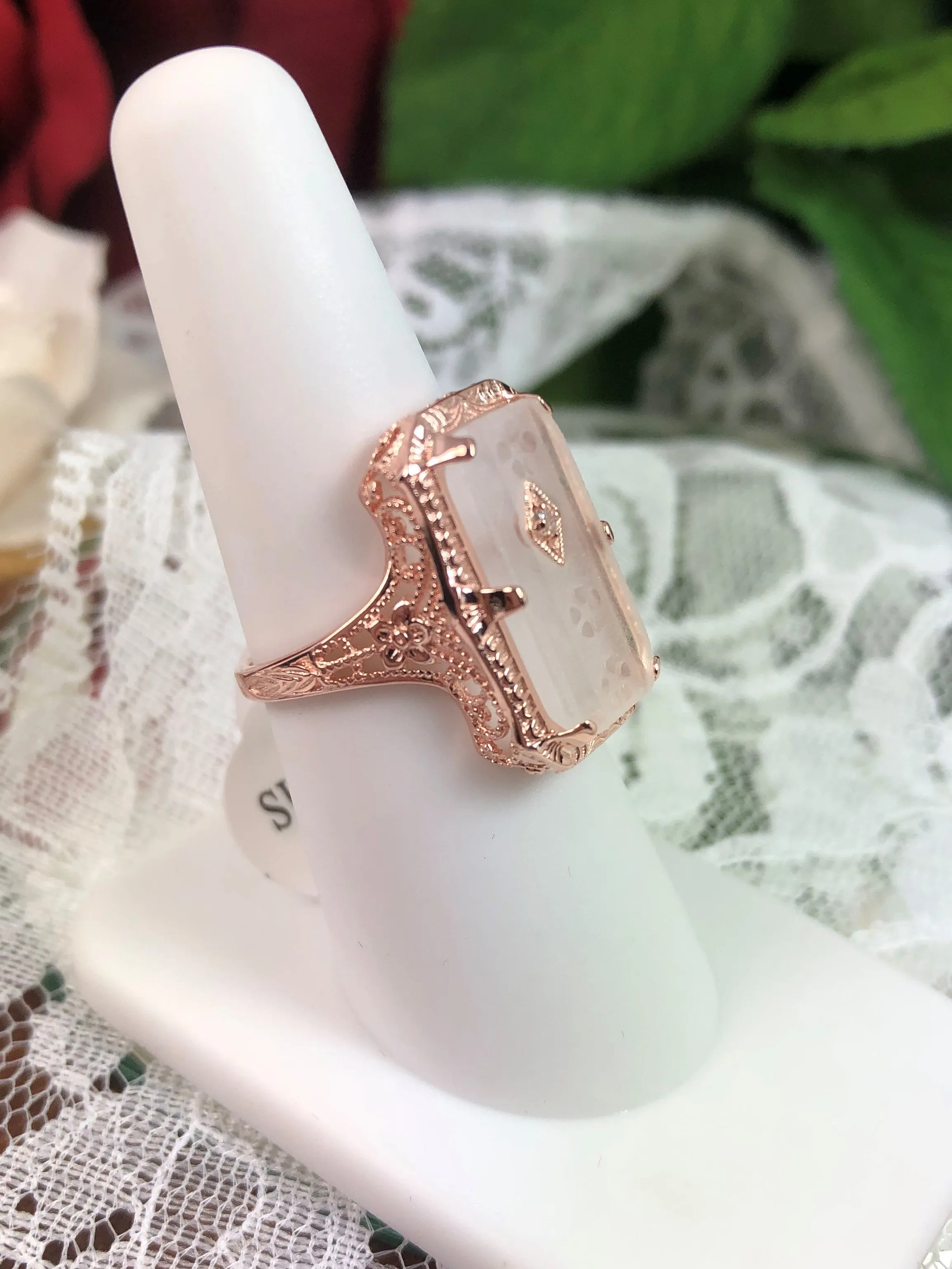 Camphor Glass Ring, Rose Gold overlay, 1915 Vintage style, Edwardian Jewelry #D232