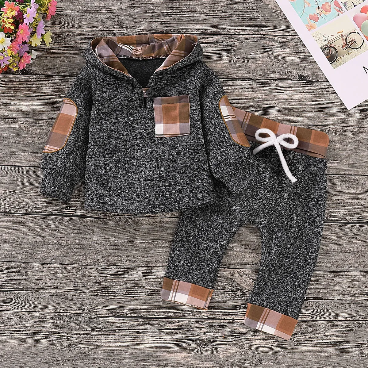 Casual Plaid Hooded Long-sleeve Shirt and Pants Set for Baby
