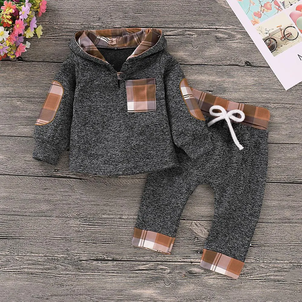 Casual Plaid Hooded Long-sleeve Shirt and Pants Set for Baby