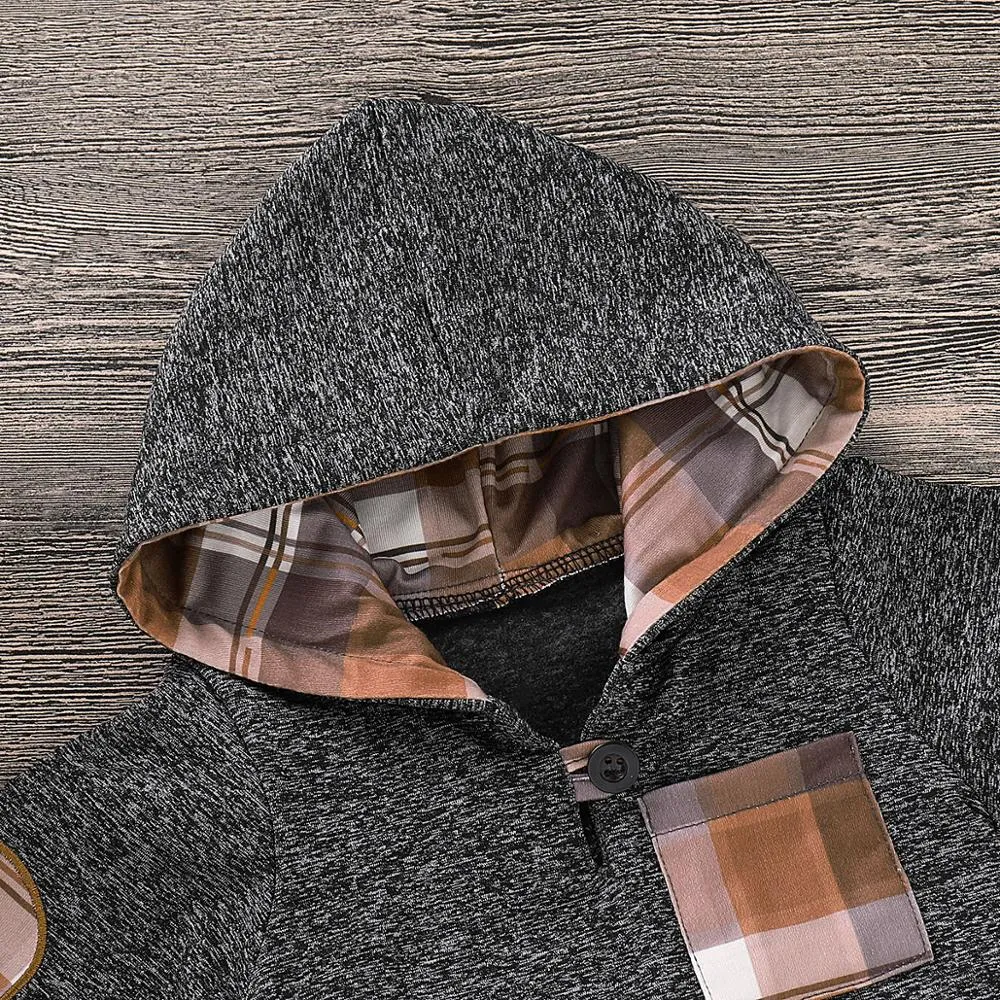 Casual Plaid Hooded Long-sleeve Shirt and Pants Set for Baby