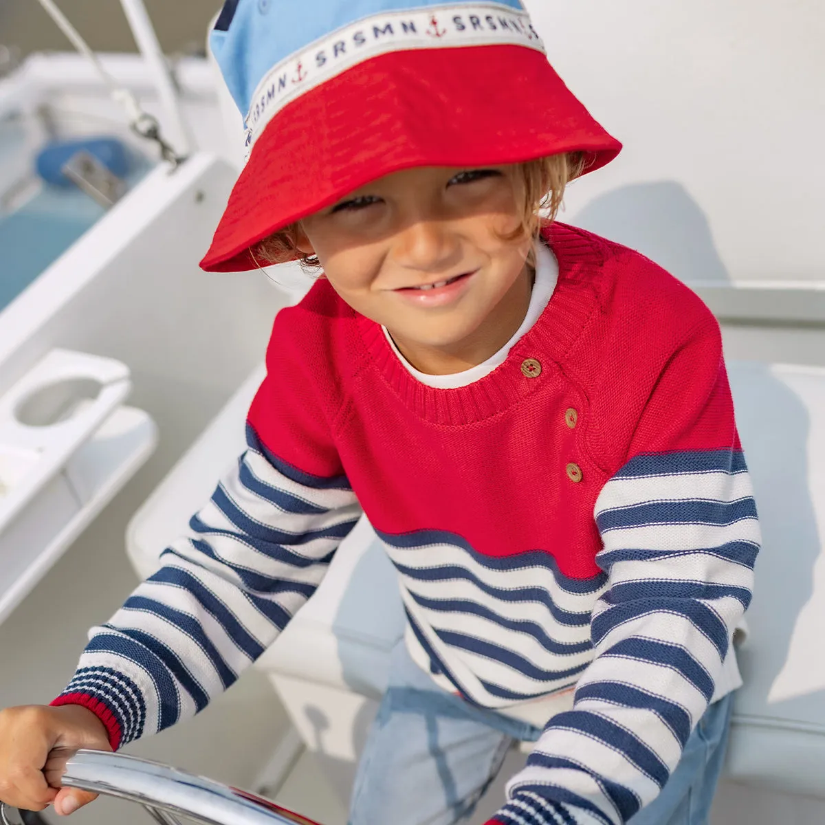 Chapeau de soleil rouge, bleu et crème en twill, enfant || Red, blue and cream  sun hat in twill, child