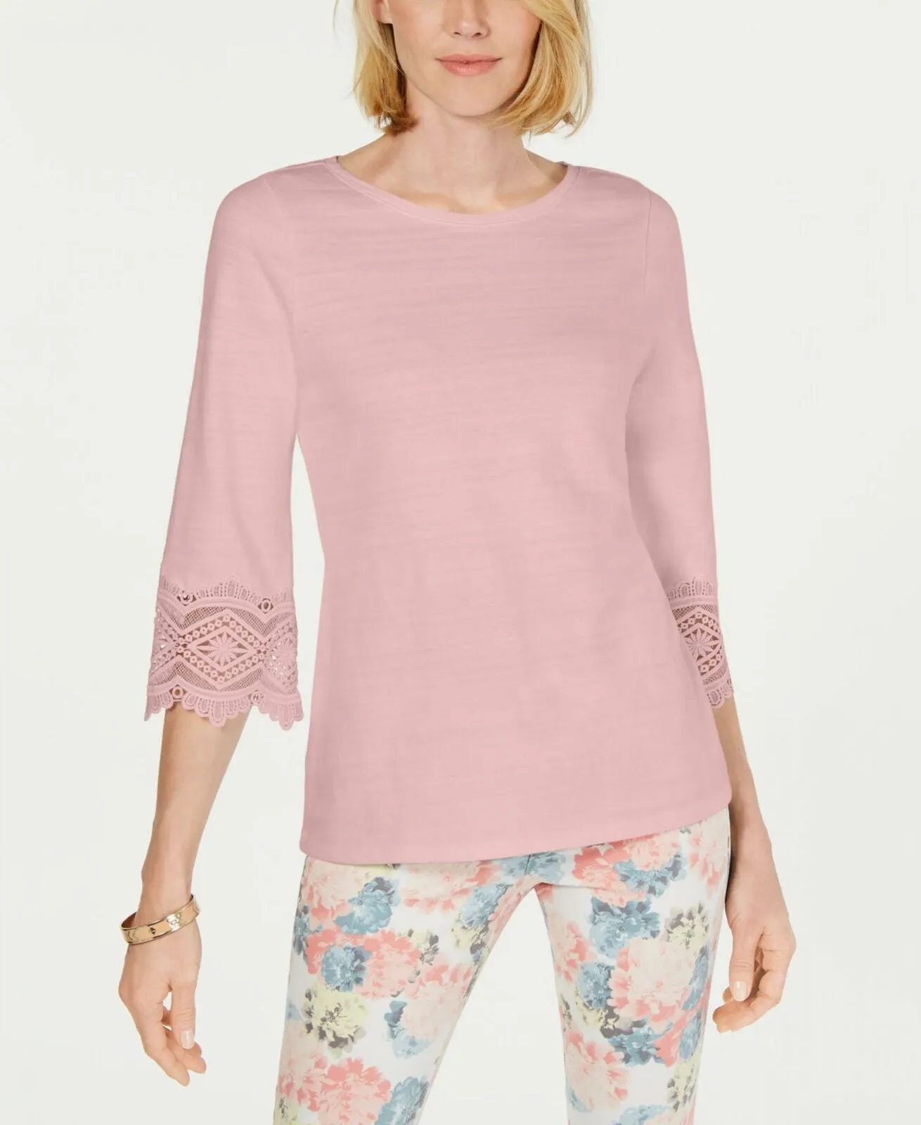 Charter Club Women's Cotton Lace Trim Top Shirt. 100052944MS Pink Medium