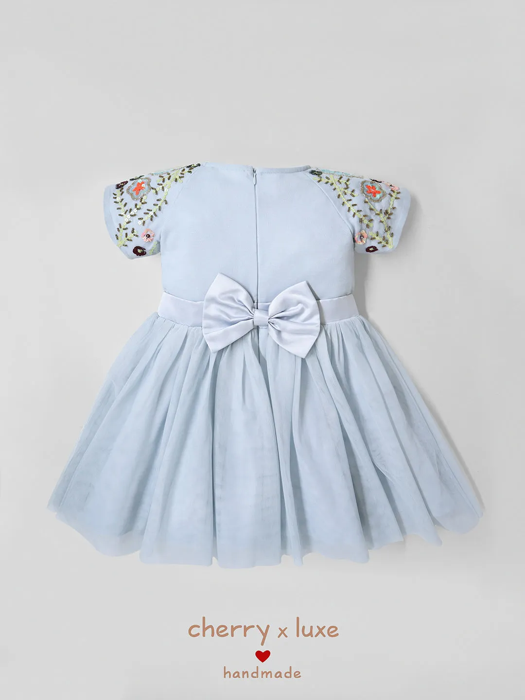 Cherry Crumble Sky Blue Solid 100% Polyester Half Sleeves Round Neck Party Wear Fit & Flare Sequin and Beads Summer Dress For Girls
