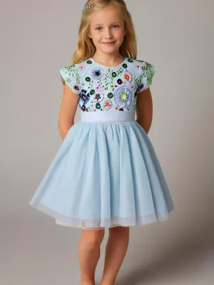 Cherry Crumble Sky Blue Solid 100% Polyester Half Sleeves Round Neck Party Wear Fit & Flare Sequin and Beads Summer Dress For Girls