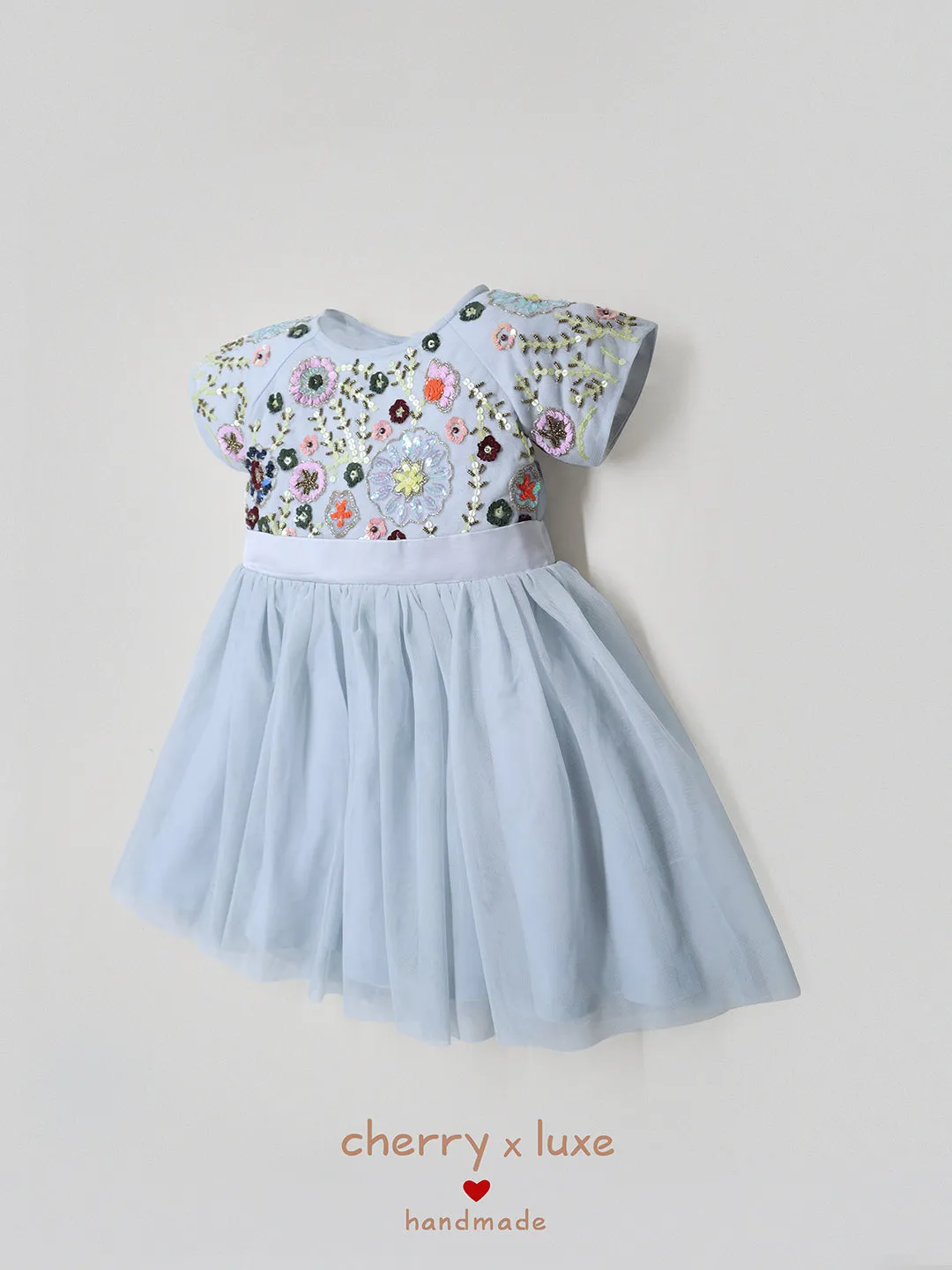 Cherry Crumble Sky Blue Solid 100% Polyester Half Sleeves Round Neck Party Wear Fit & Flare Sequin and Beads Summer Dress For Girls