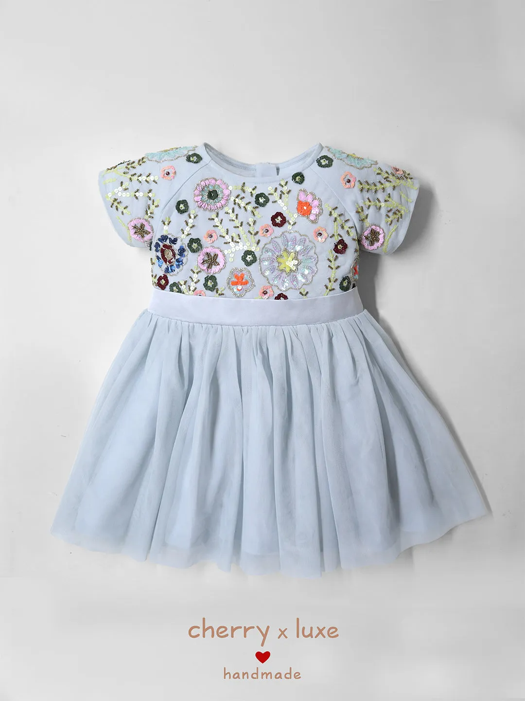 Cherry Crumble Sky Blue Solid 100% Polyester Half Sleeves Round Neck Party Wear Fit & Flare Sequin and Beads Summer Dress For Girls