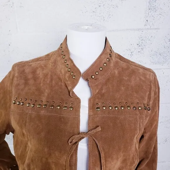 Chi By Faichi Women's Suede Stud Boho Leather Western Hippie Brown Jacket Large