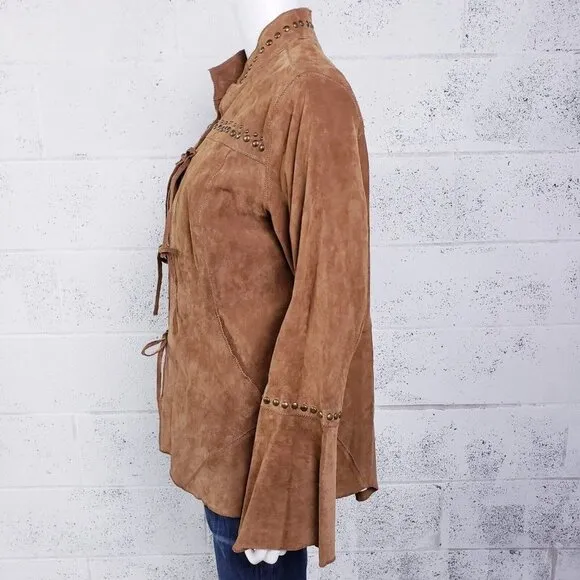 Chi By Faichi Women's Suede Stud Boho Leather Western Hippie Brown Jacket Large