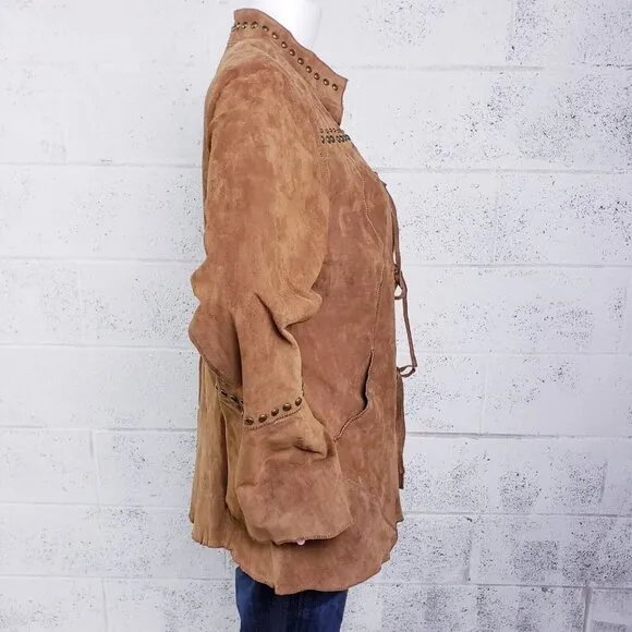 Chi By Faichi Women's Suede Stud Boho Leather Western Hippie Brown Jacket Large