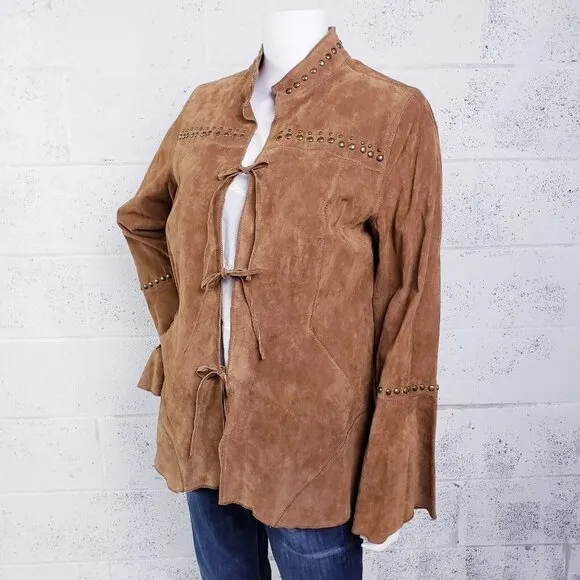 Chi By Faichi Women's Suede Stud Boho Leather Western Hippie Brown Jacket Large