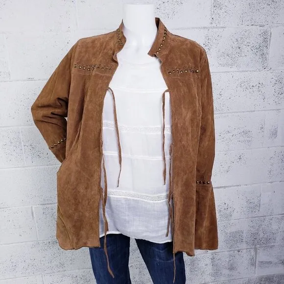 Chi By Faichi Women's Suede Stud Boho Leather Western Hippie Brown Jacket Large