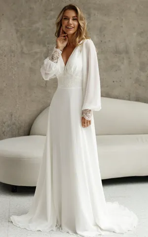 Chiffon A-Line Bohemian V-neck Wedding Dress With Zipper Back And Appliques-716560