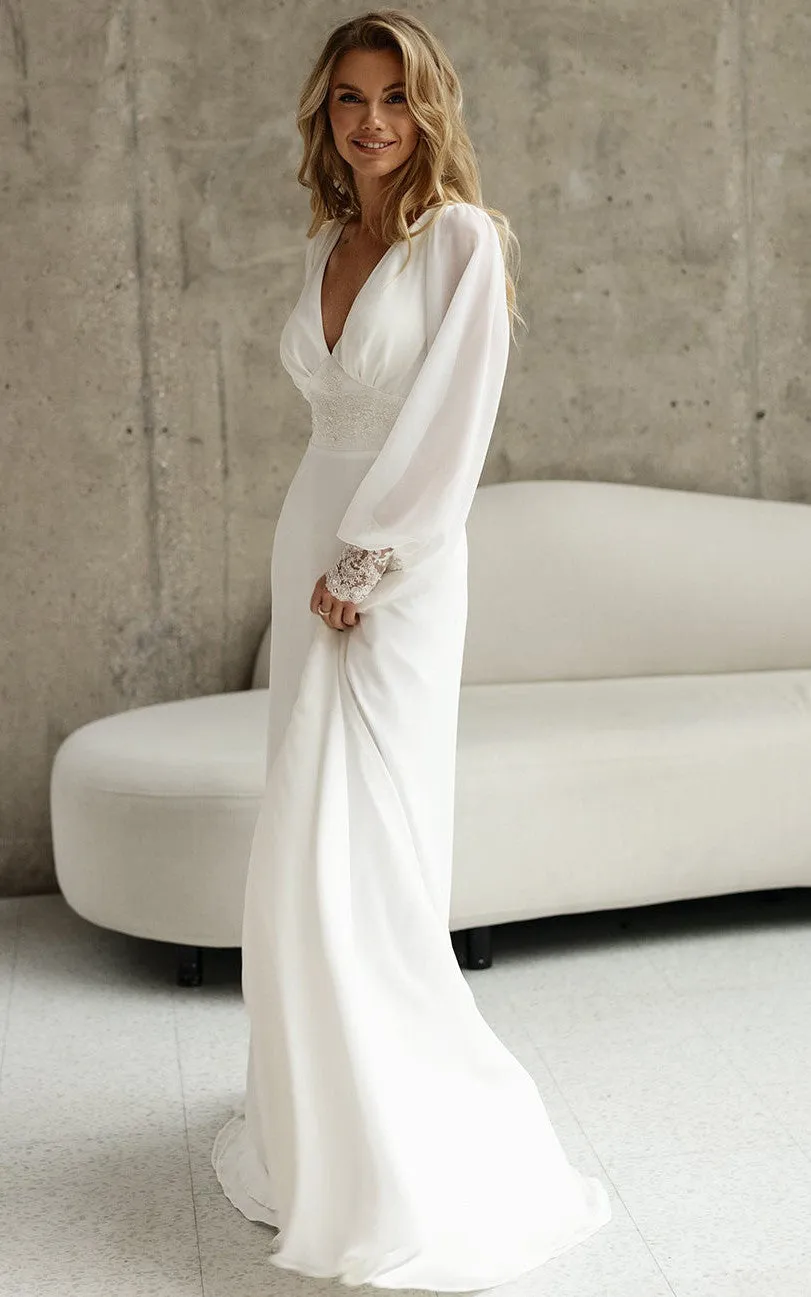 Chiffon A-Line Bohemian V-neck Wedding Dress With Zipper Back And Appliques-716560