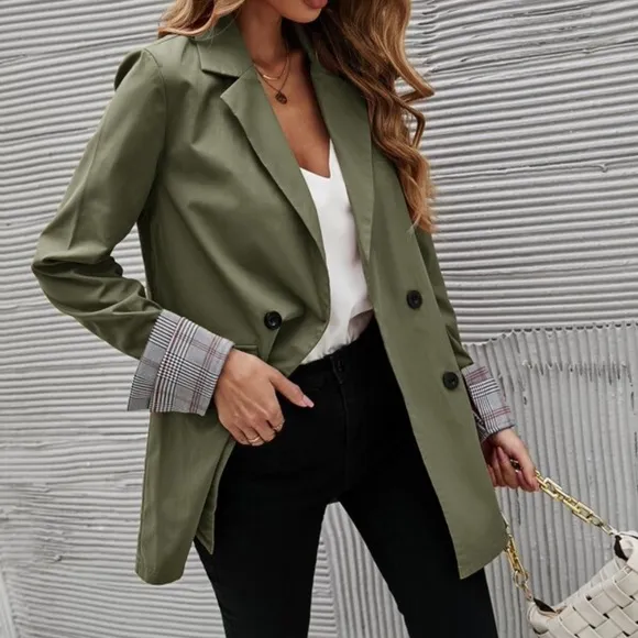 Classic Black Plaid Cuff Button Blazer Work