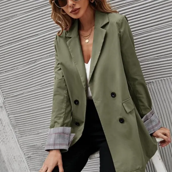 Classic Black Plaid Cuff Button Blazer Work
