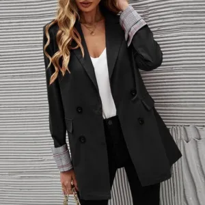 Classic Black Plaid Cuff Button Blazer Work