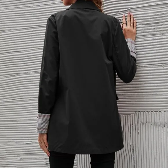 Classic Black Plaid Cuff Button Blazer Work
