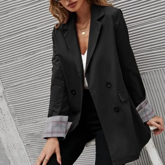 Classic Black Plaid Cuff Button Blazer Work