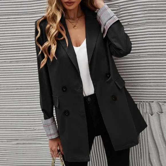 Classic Black Plaid Cuff Button Blazer Work