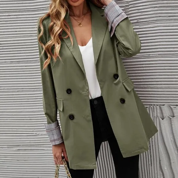 Classic Black Plaid Cuff Button Blazer Work