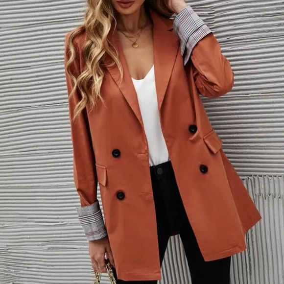 Classic Black Plaid Cuff Button Blazer Work