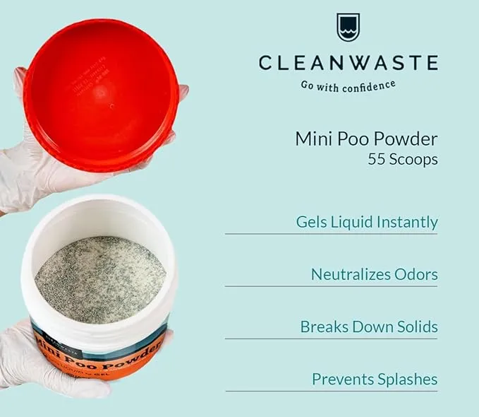 Cleanwaste Portable Mini Poo Powder Deodorizing Waste Treatment - 55 Scoops - Pee and Poop Gelling Powder for Camping, Travel, Emergencies
