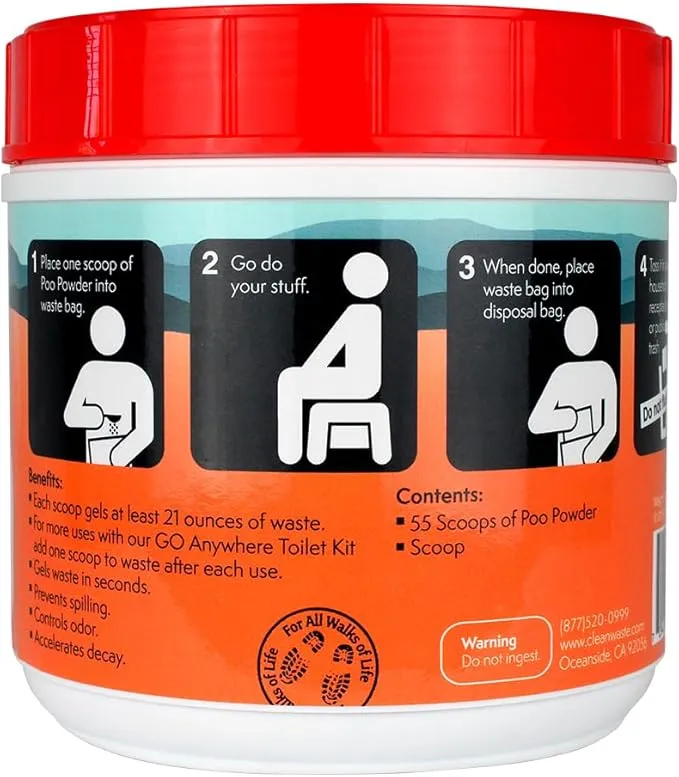 Cleanwaste Portable Mini Poo Powder Deodorizing Waste Treatment - 55 Scoops - Pee and Poop Gelling Powder for Camping, Travel, Emergencies