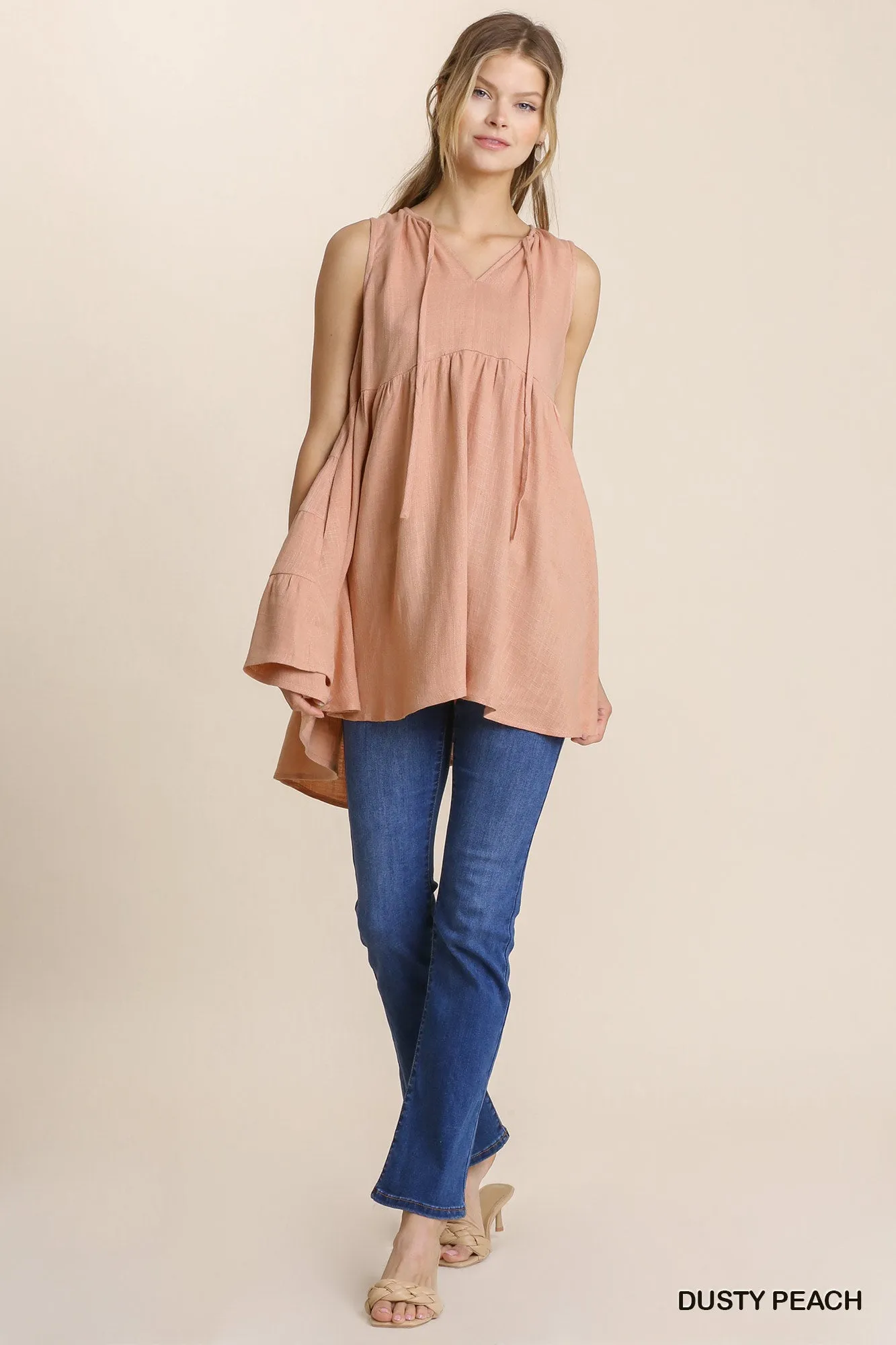 COASTAL COMFORT LINEN TUNIC TOP IN DUSTY PEACH