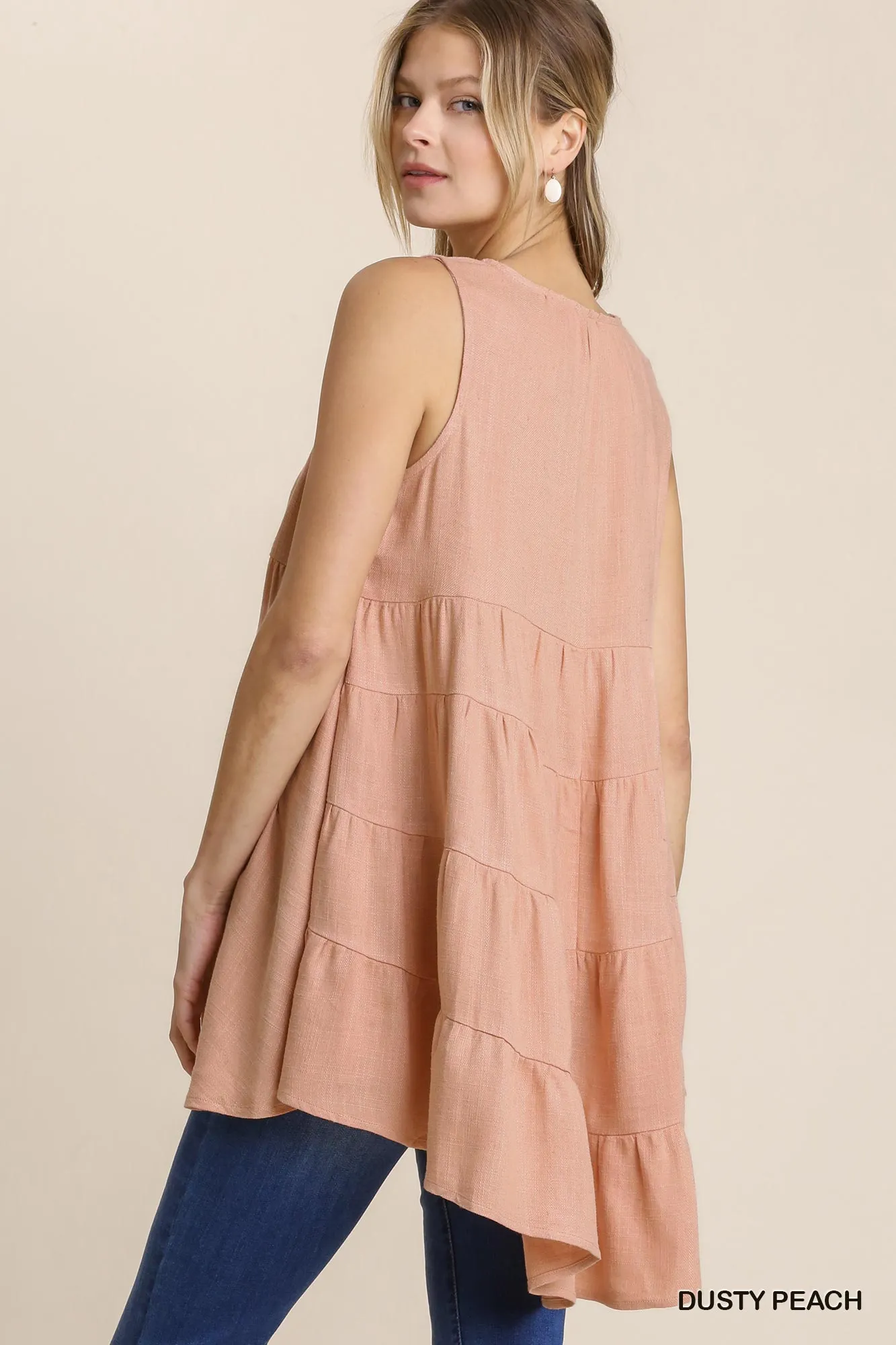 COASTAL COMFORT LINEN TUNIC TOP IN DUSTY PEACH