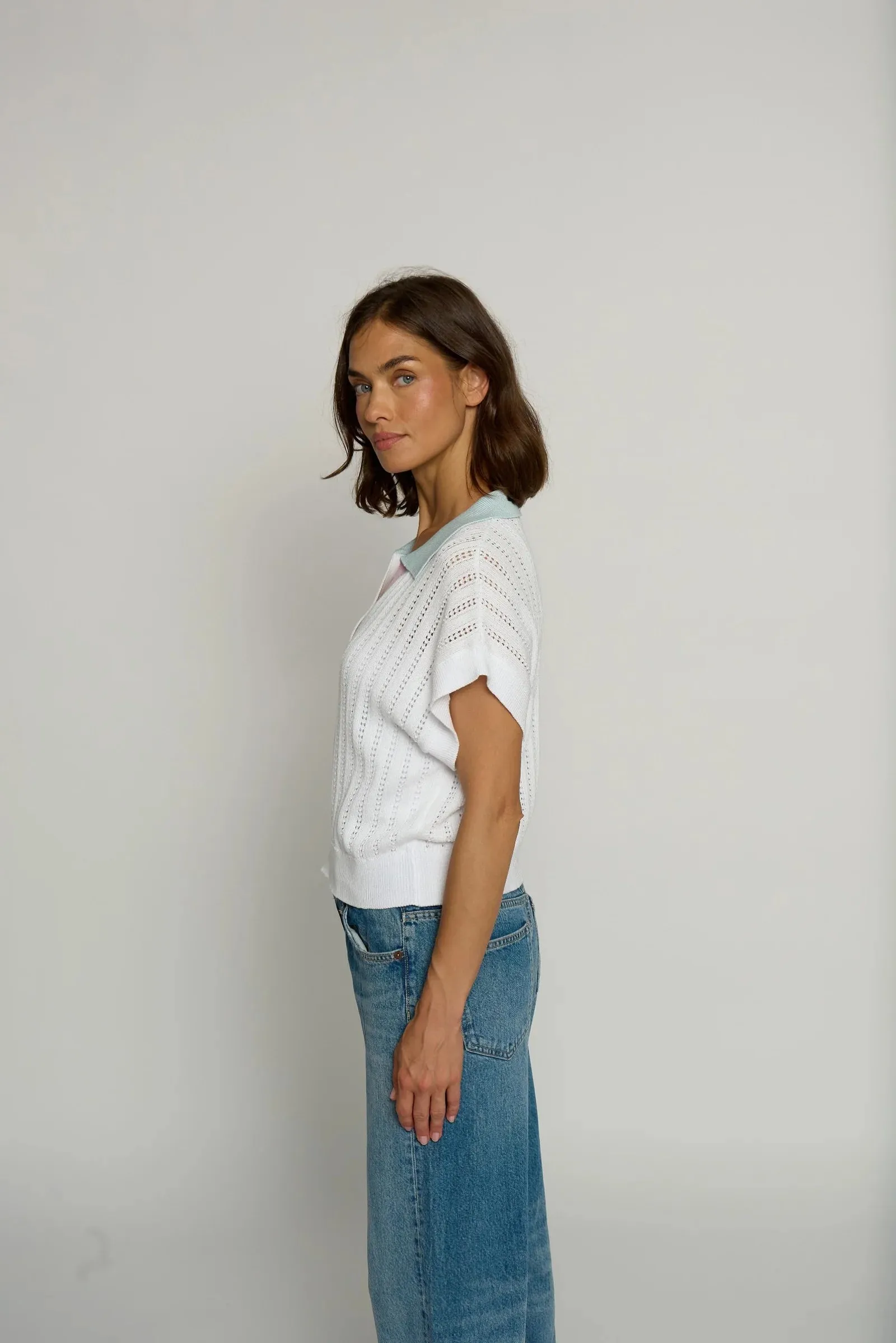 Colorblock Pointelle Polo in Ivory