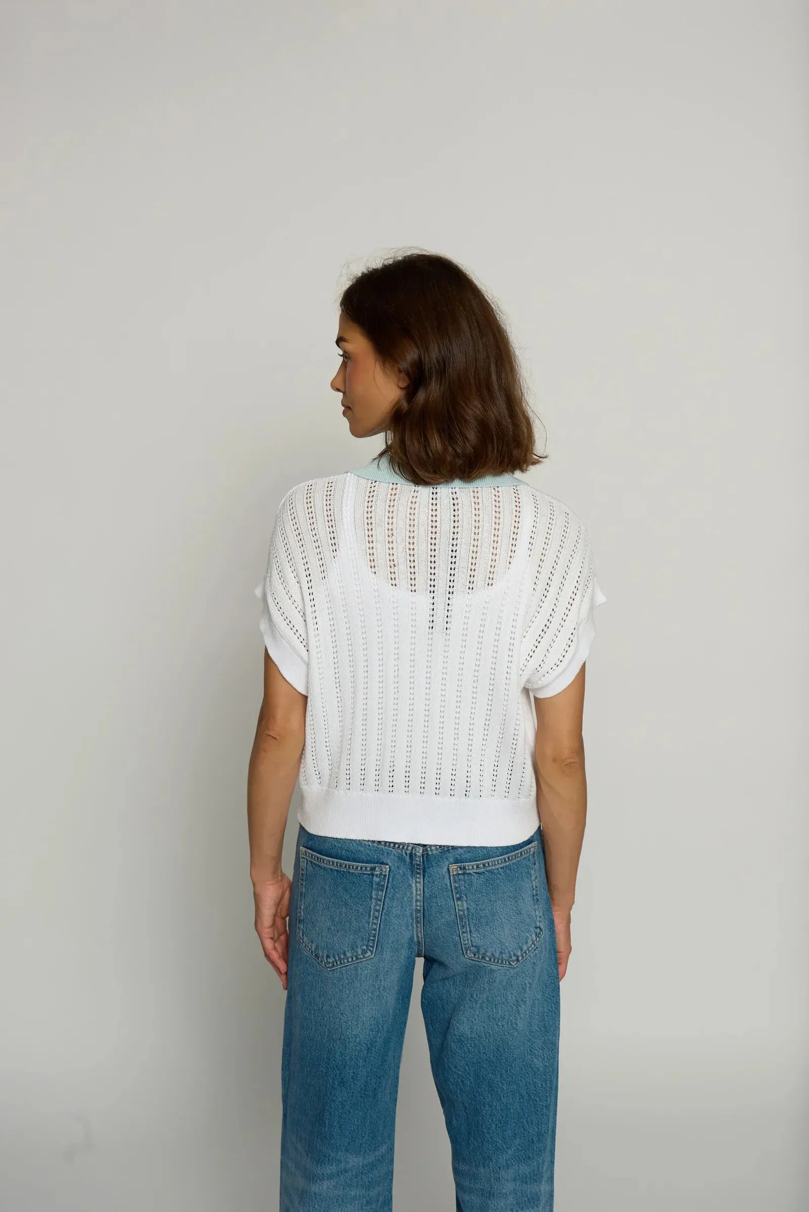 Colorblock Pointelle Polo in Ivory