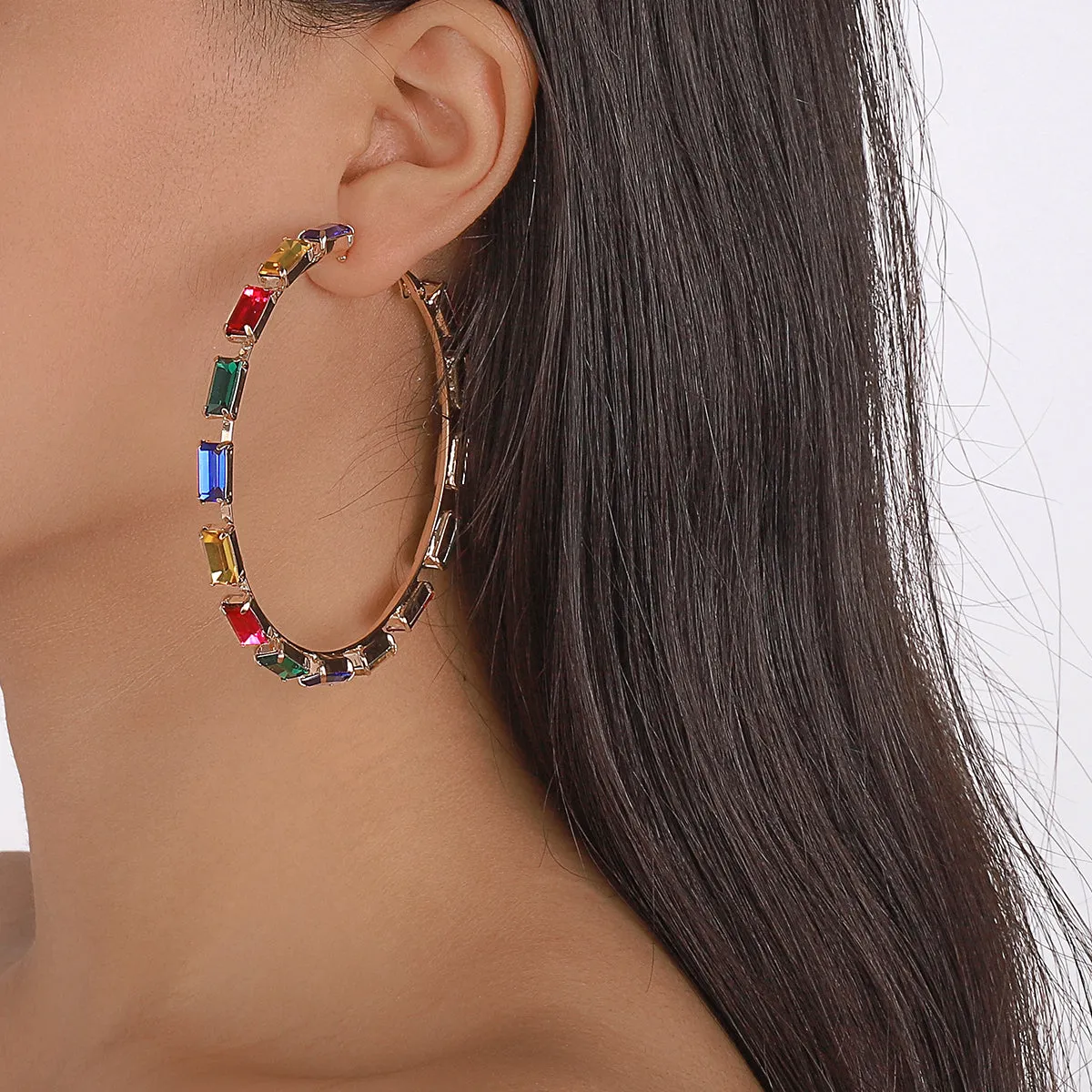 Colored Crystal & 18K Gold-Plated Baguette-Cut Hoop Earrings