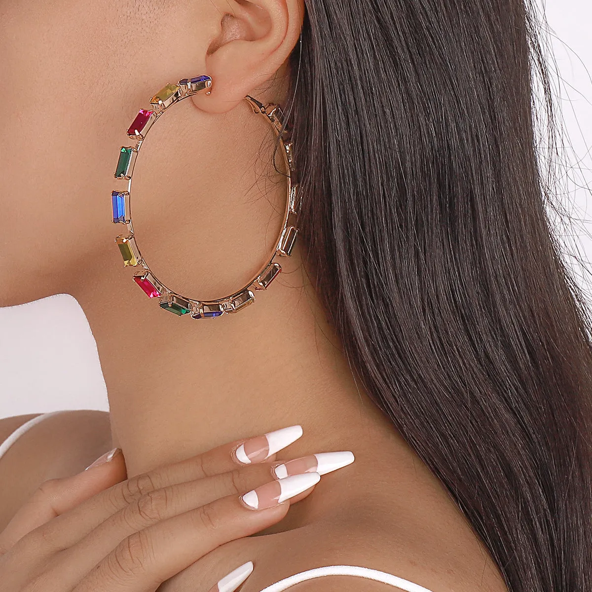 Colored Crystal & 18K Gold-Plated Baguette-Cut Hoop Earrings