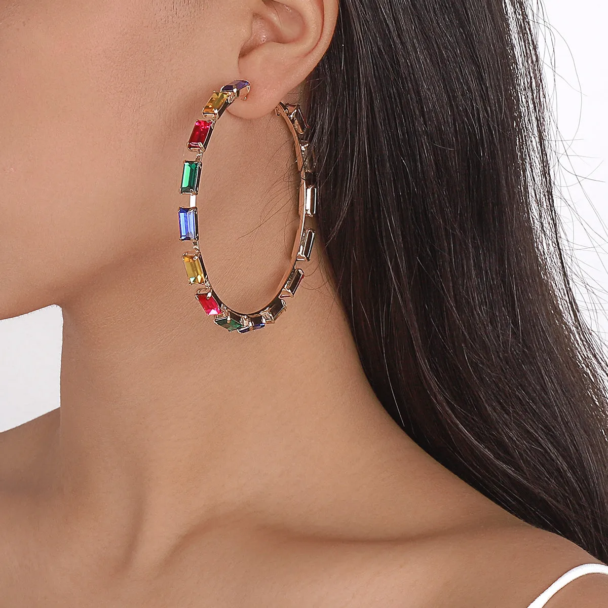 Colored Crystal & 18K Gold-Plated Baguette-Cut Hoop Earrings