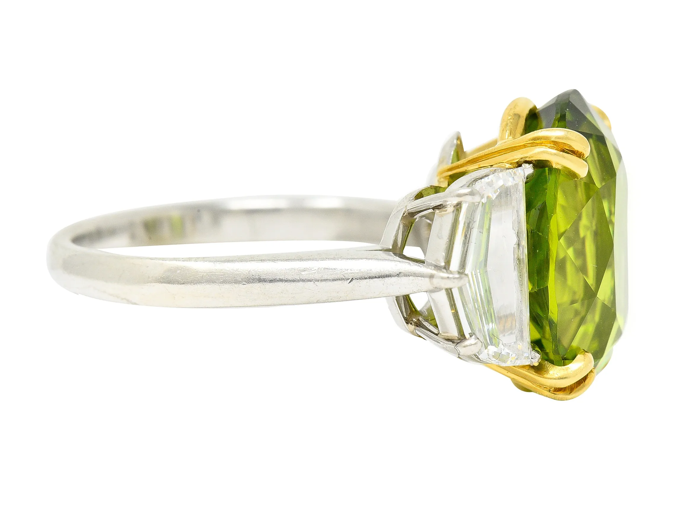 Contemporary 10.51 CTW Oval Cut Peridot Half Moon Step-Cut Diamond Platinum 18 Karat Yellow Gold Three Stone Ring