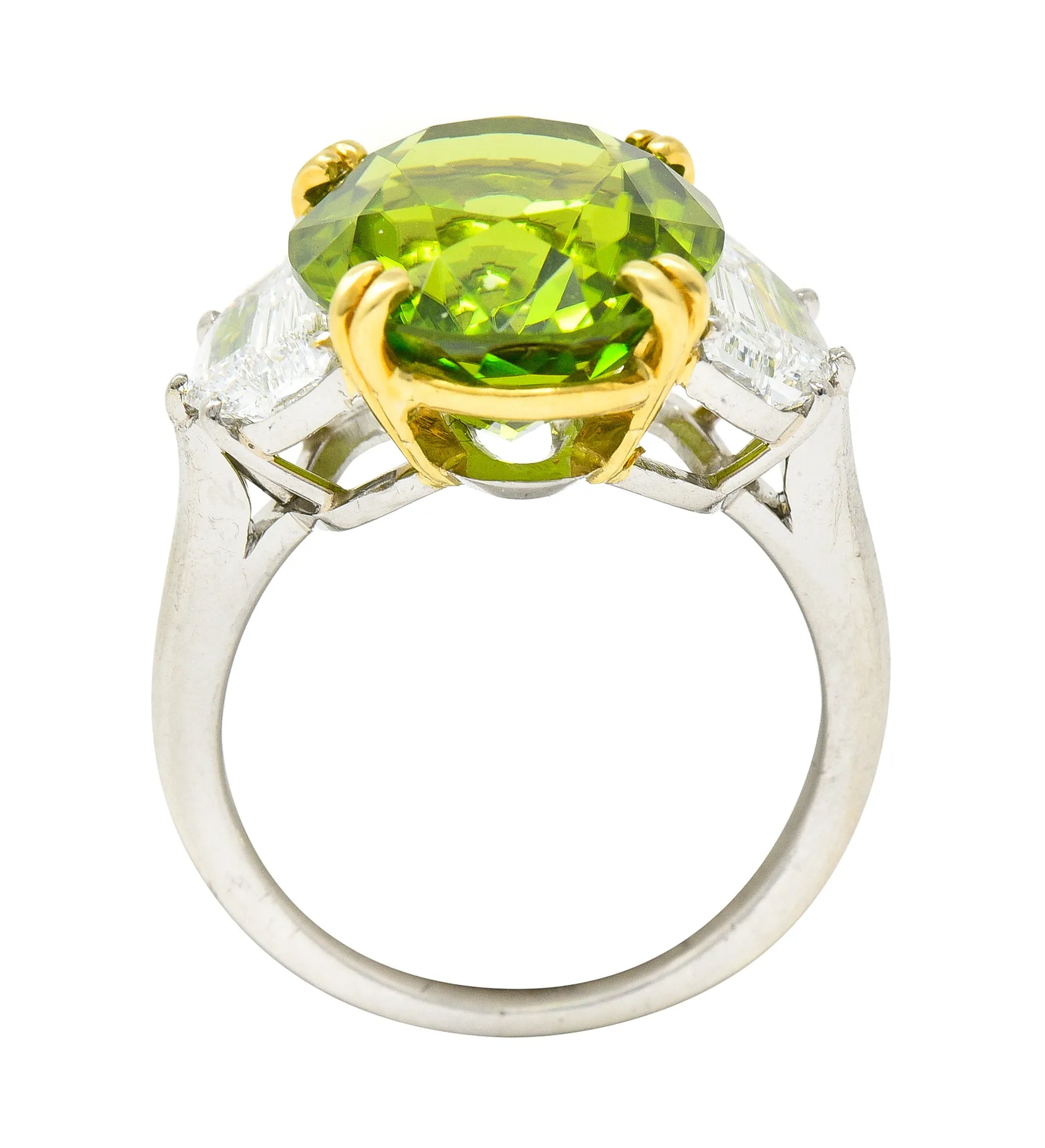 Contemporary 10.51 CTW Oval Cut Peridot Half Moon Step-Cut Diamond Platinum 18 Karat Yellow Gold Three Stone Ring