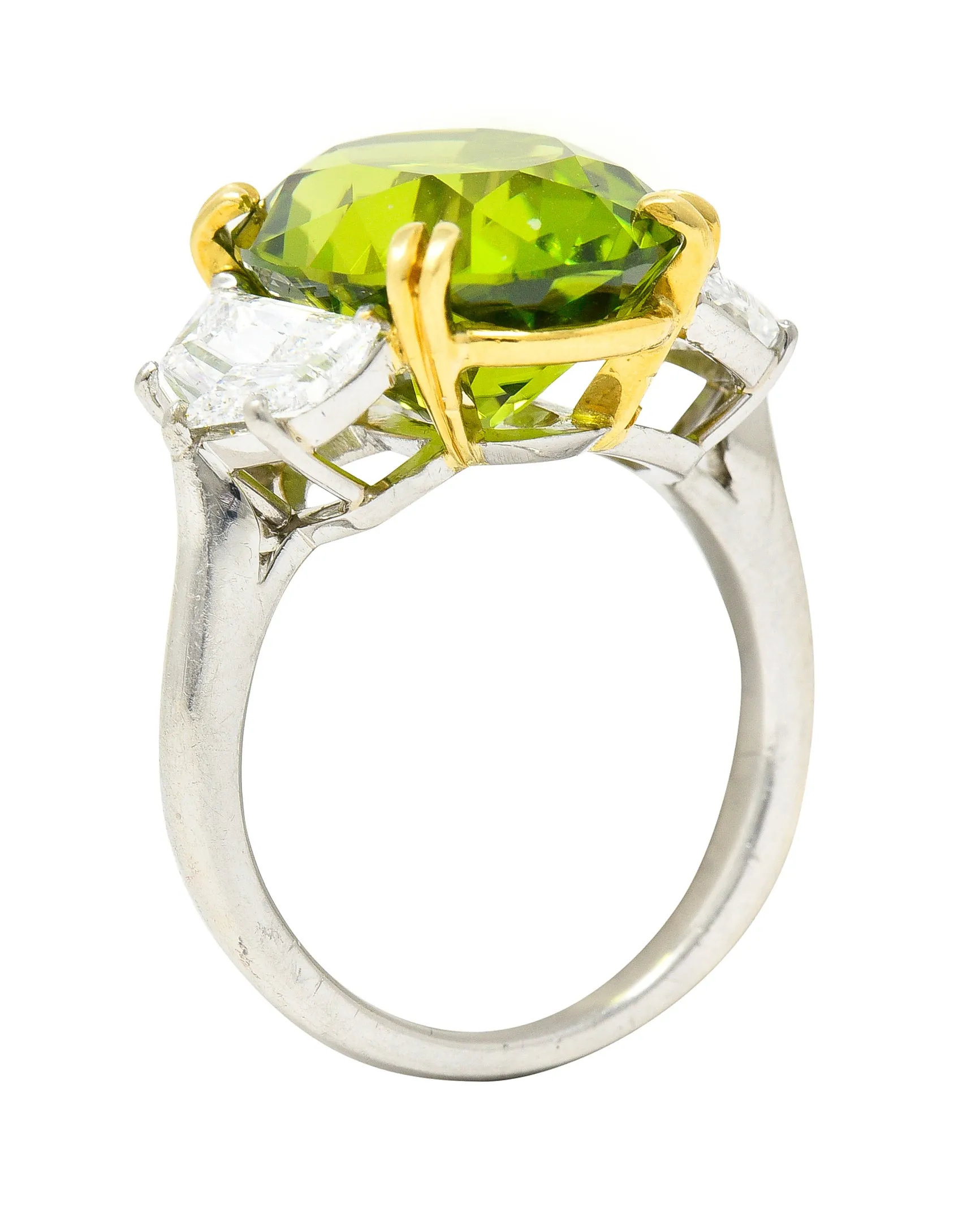 Contemporary 10.51 CTW Oval Cut Peridot Half Moon Step-Cut Diamond Platinum 18 Karat Yellow Gold Three Stone Ring