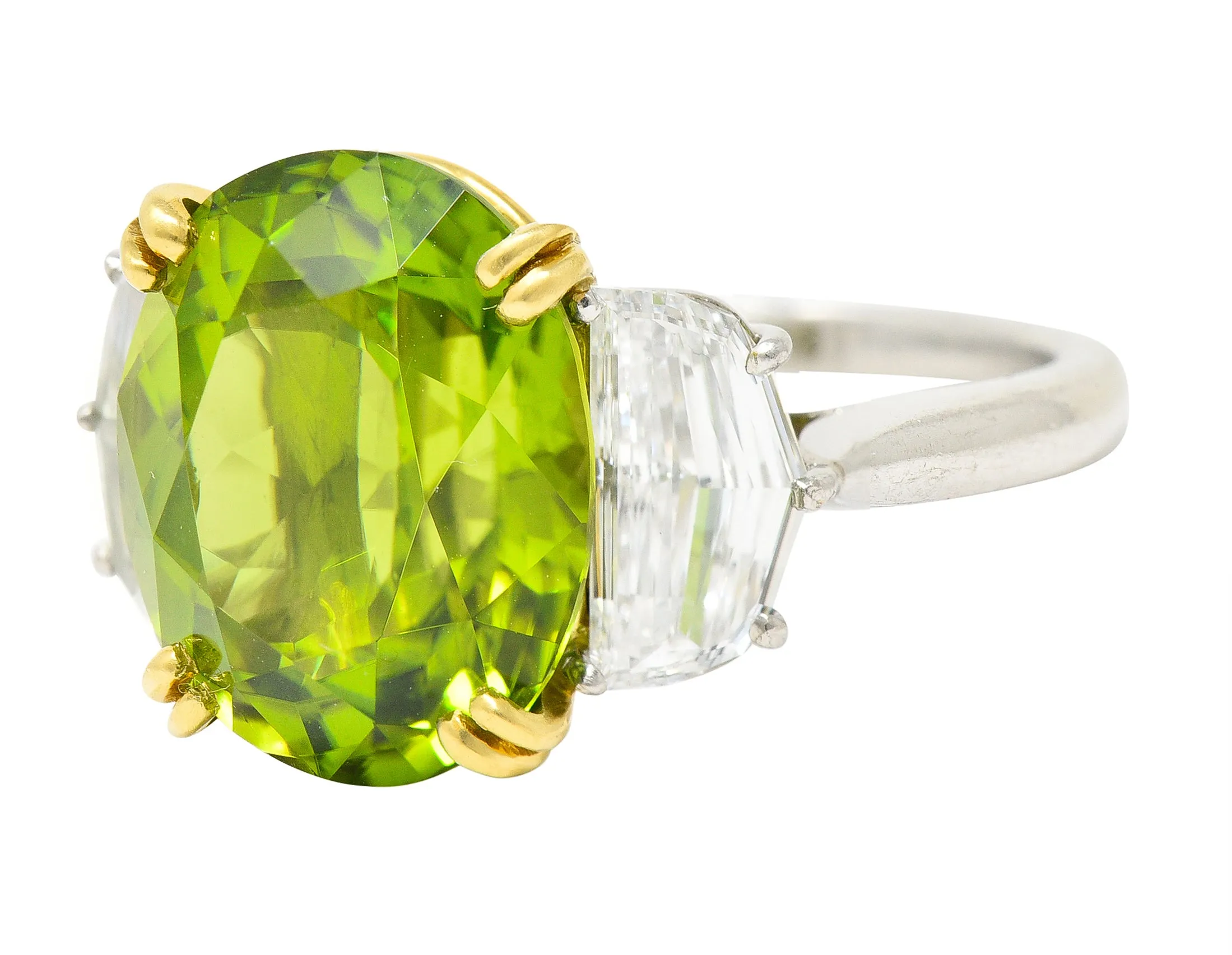 Contemporary 10.51 CTW Oval Cut Peridot Half Moon Step-Cut Diamond Platinum 18 Karat Yellow Gold Three Stone Ring