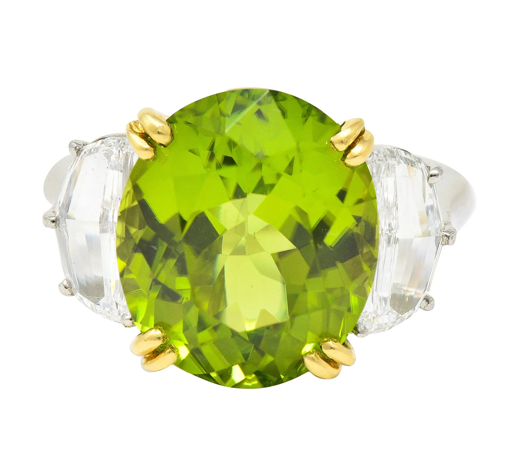 Contemporary 10.51 CTW Oval Cut Peridot Half Moon Step-Cut Diamond Platinum 18 Karat Yellow Gold Three Stone Ring