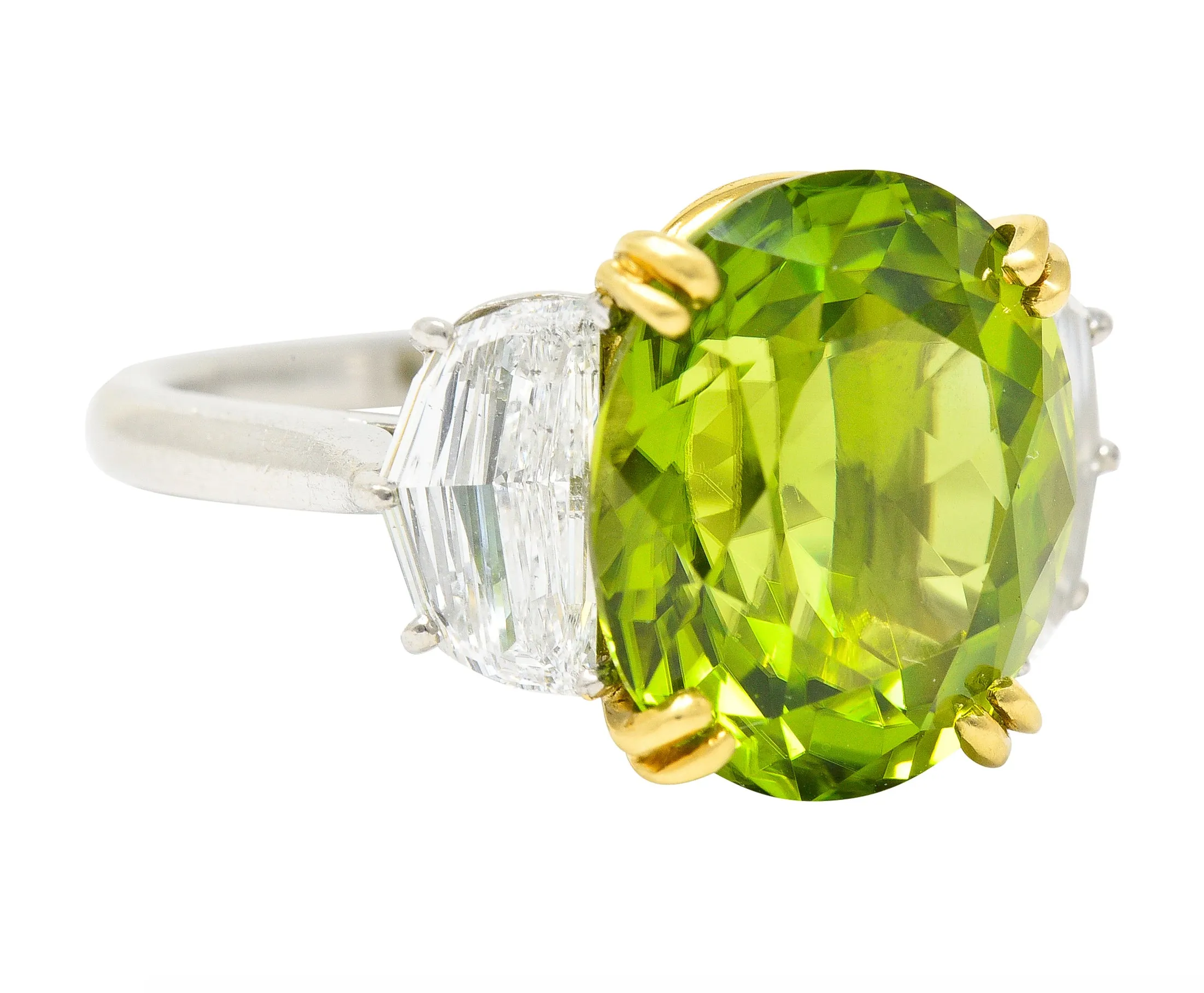 Contemporary 10.51 CTW Oval Cut Peridot Half Moon Step-Cut Diamond Platinum 18 Karat Yellow Gold Three Stone Ring