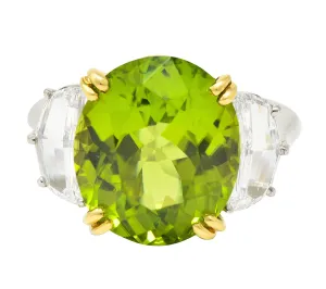 Contemporary 10.51 CTW Oval Cut Peridot Half Moon Step-Cut Diamond Platinum 18 Karat Yellow Gold Three Stone Ring