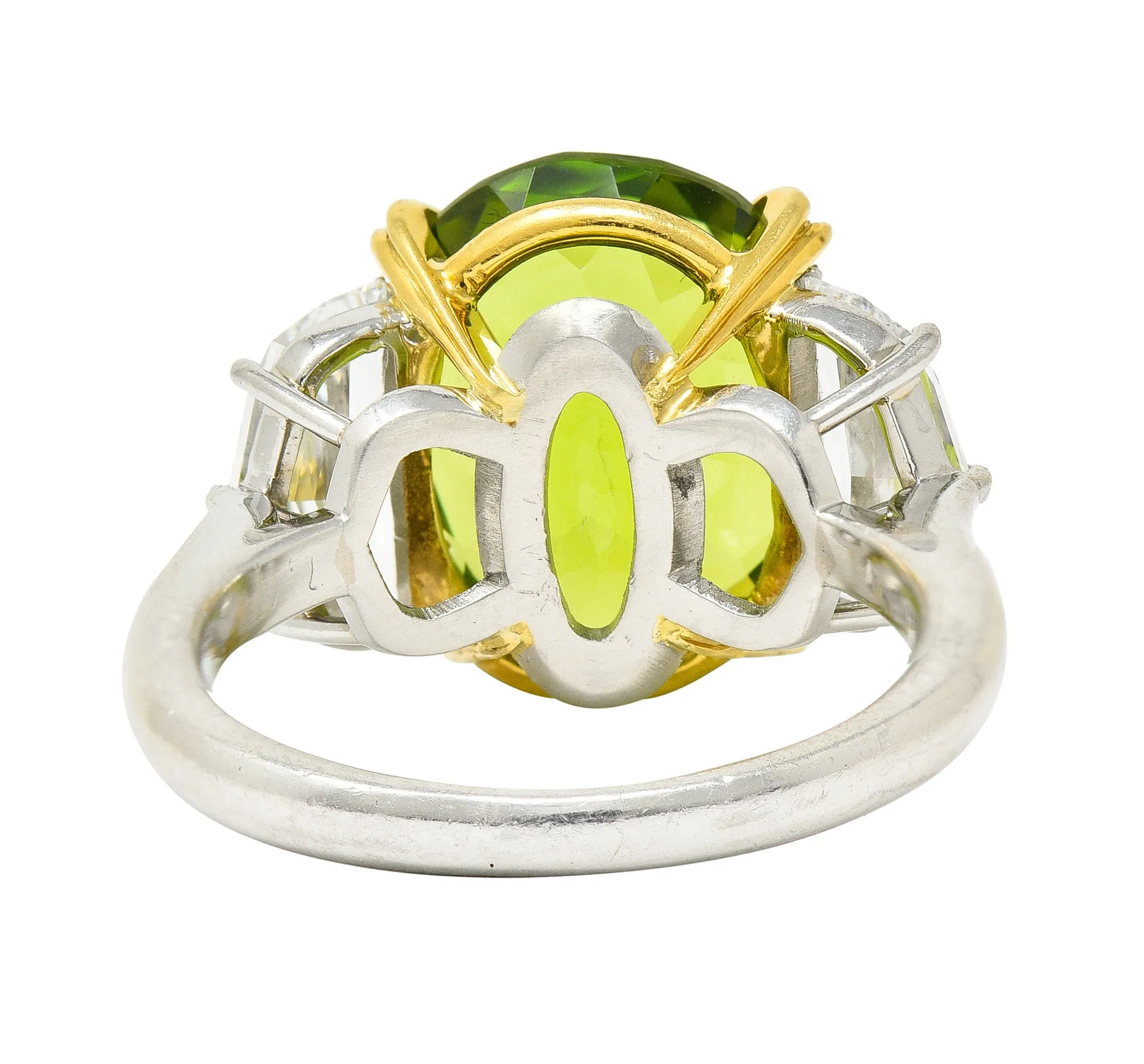 Contemporary 10.51 CTW Oval Cut Peridot Half Moon Step-Cut Diamond Platinum 18 Karat Yellow Gold Three Stone Ring