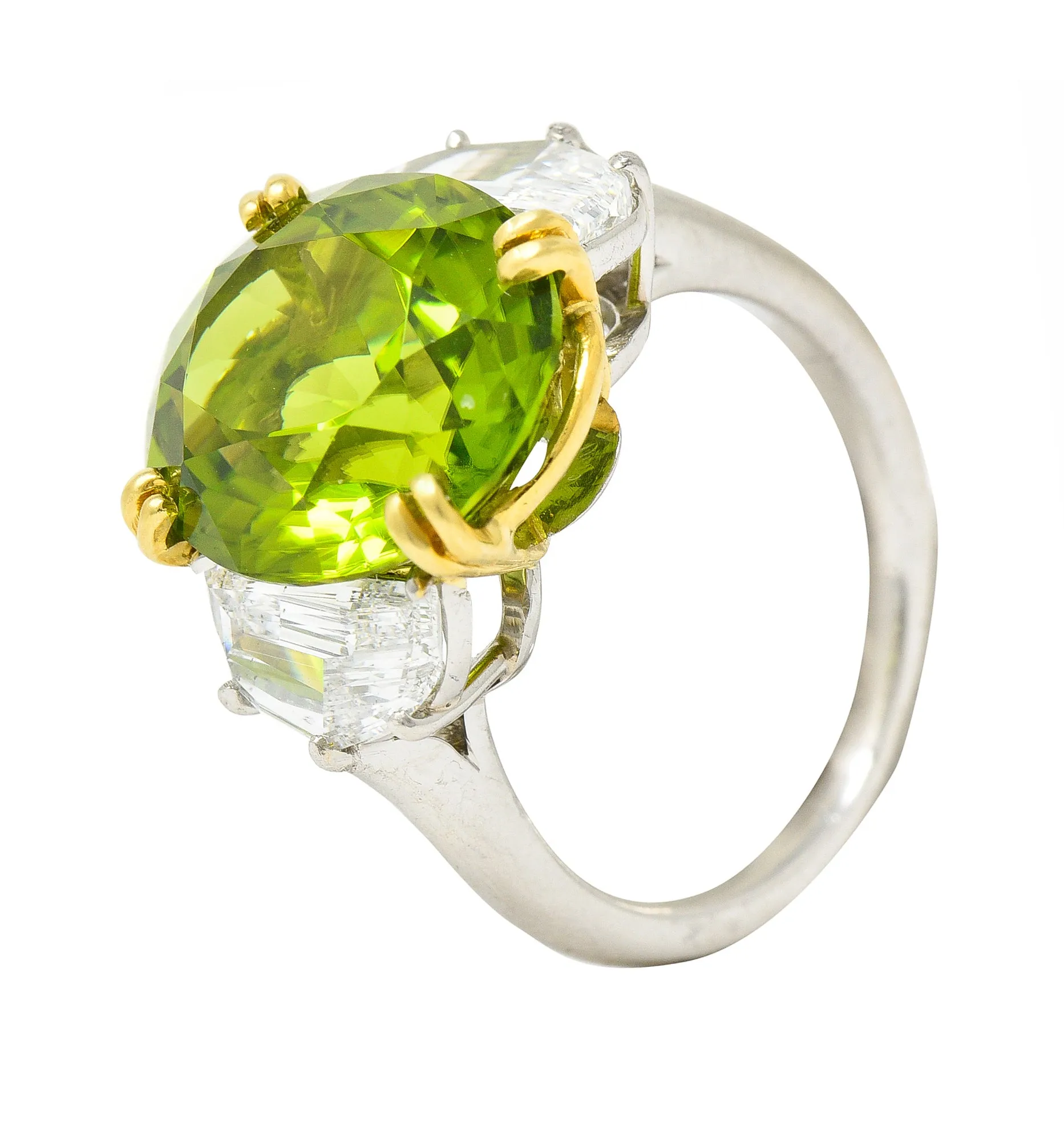 Contemporary 10.51 CTW Oval Cut Peridot Half Moon Step-Cut Diamond Platinum 18 Karat Yellow Gold Three Stone Ring