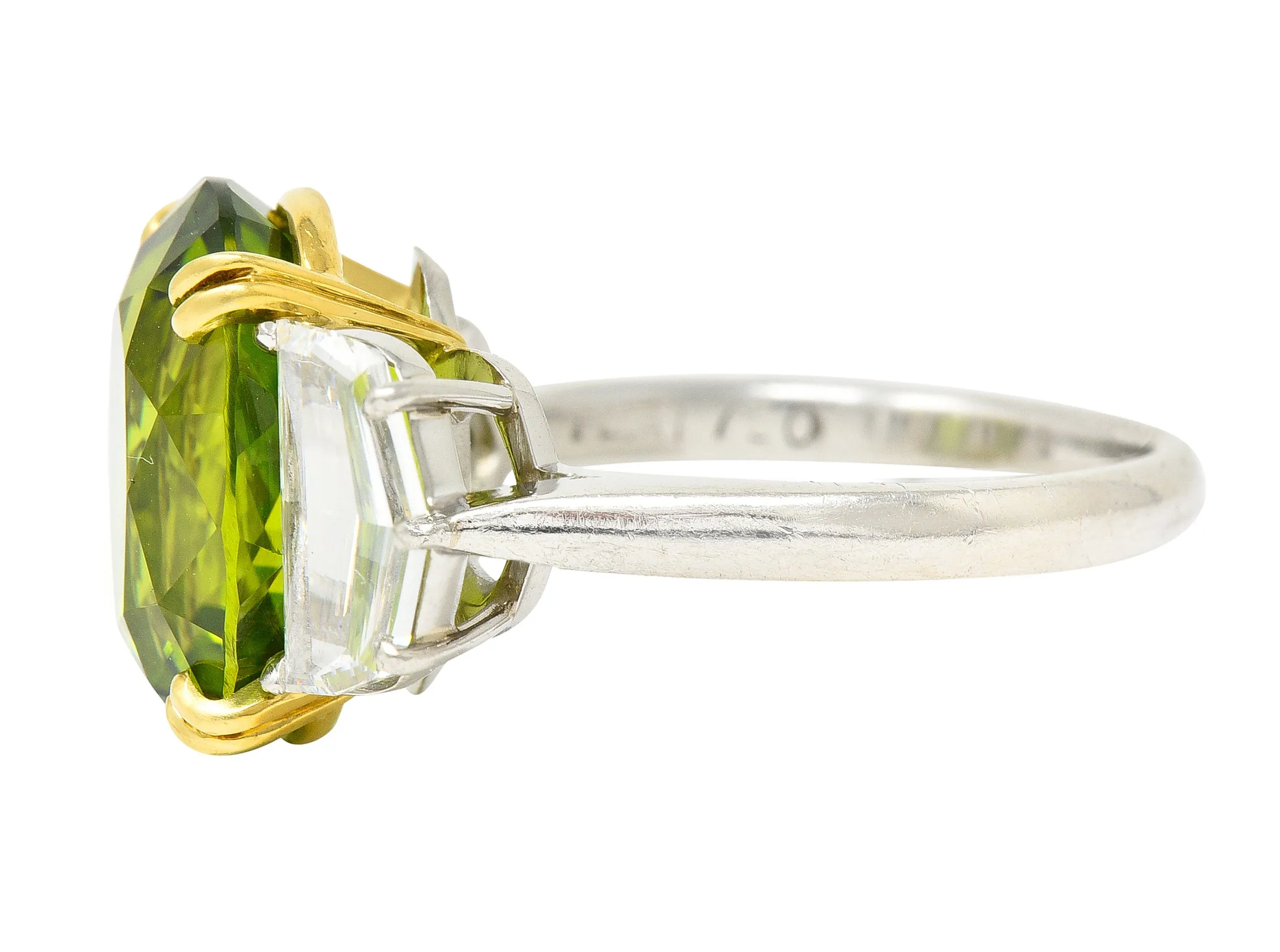 Contemporary 10.51 CTW Oval Cut Peridot Half Moon Step-Cut Diamond Platinum 18 Karat Yellow Gold Three Stone Ring