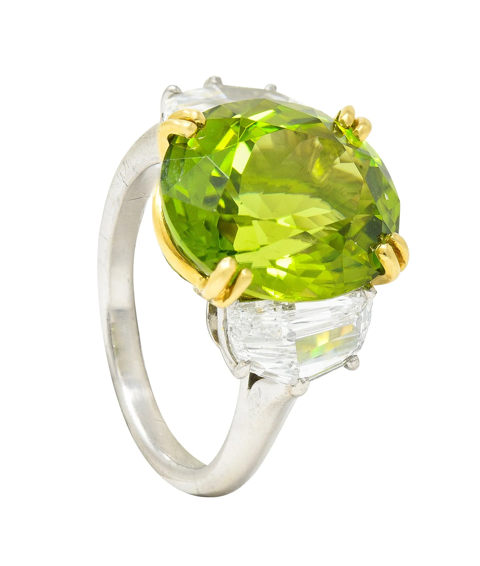 Contemporary 10.51 CTW Oval Cut Peridot Half Moon Step-Cut Diamond Platinum 18 Karat Yellow Gold Three Stone Ring