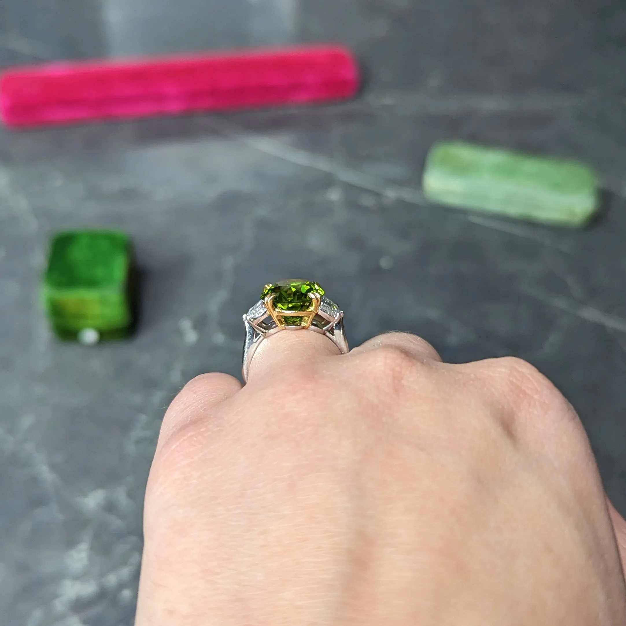 Contemporary 10.51 CTW Oval Cut Peridot Half Moon Step-Cut Diamond Platinum 18 Karat Yellow Gold Three Stone Ring
