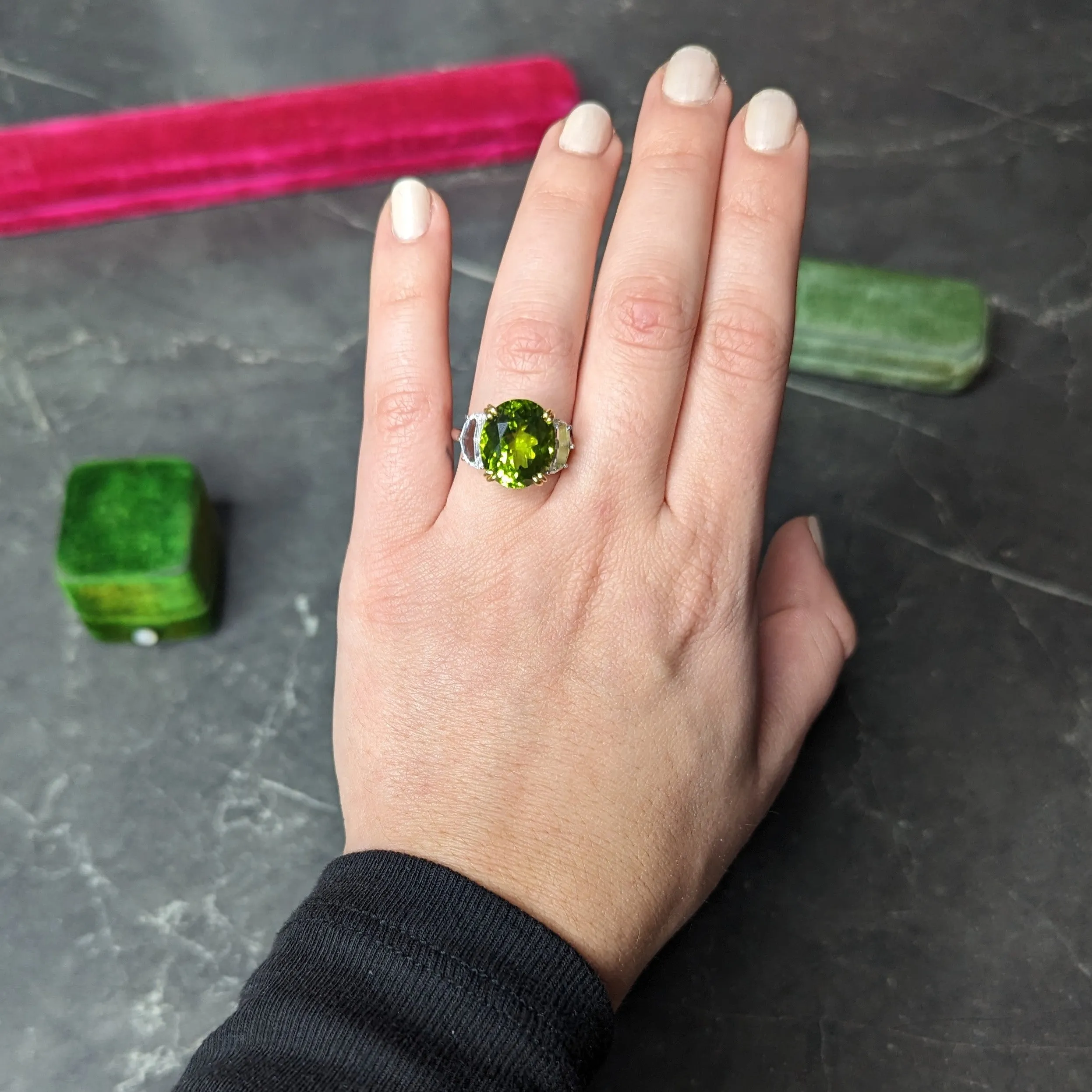 Contemporary 10.51 CTW Oval Cut Peridot Half Moon Step-Cut Diamond Platinum 18 Karat Yellow Gold Three Stone Ring