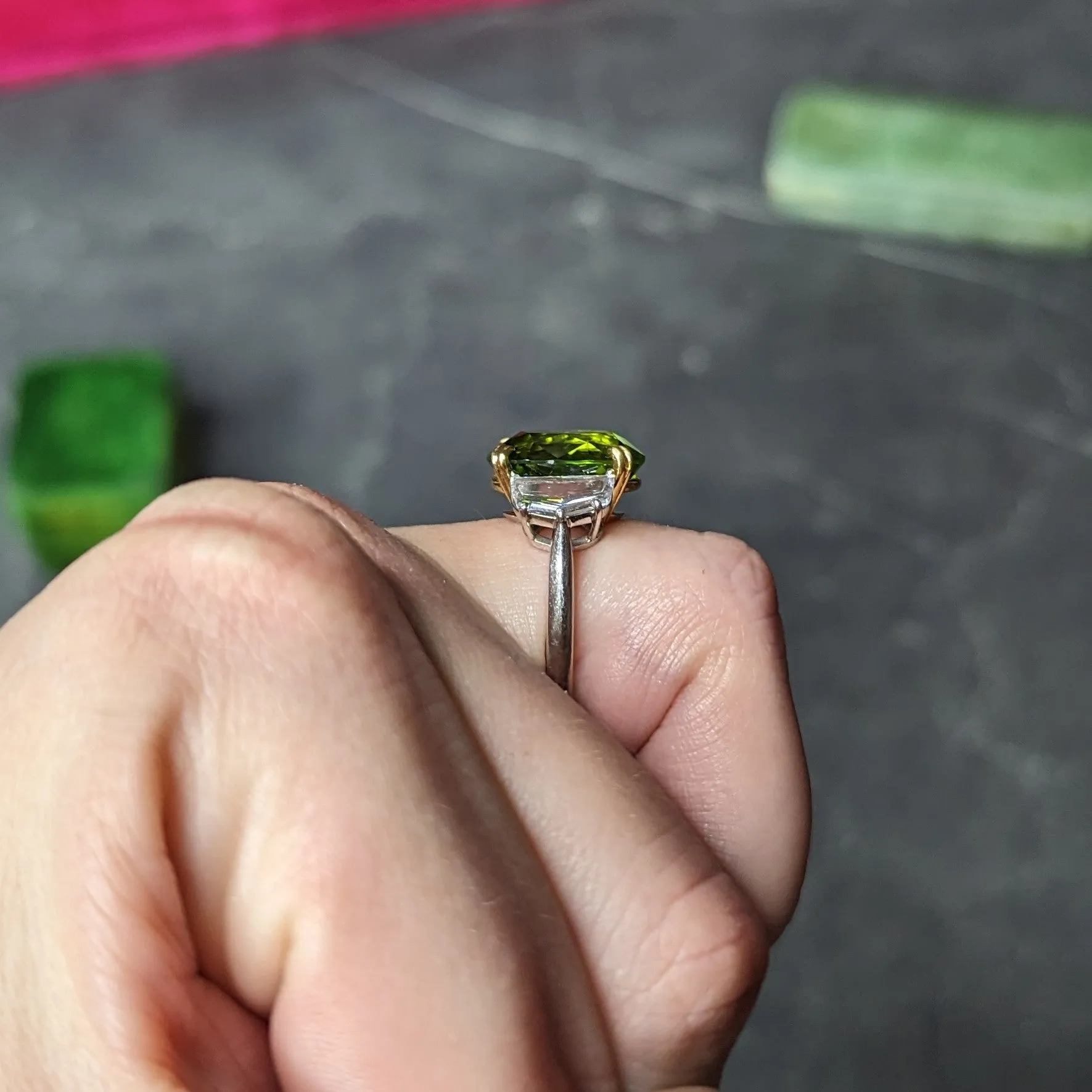 Contemporary 10.51 CTW Oval Cut Peridot Half Moon Step-Cut Diamond Platinum 18 Karat Yellow Gold Three Stone Ring