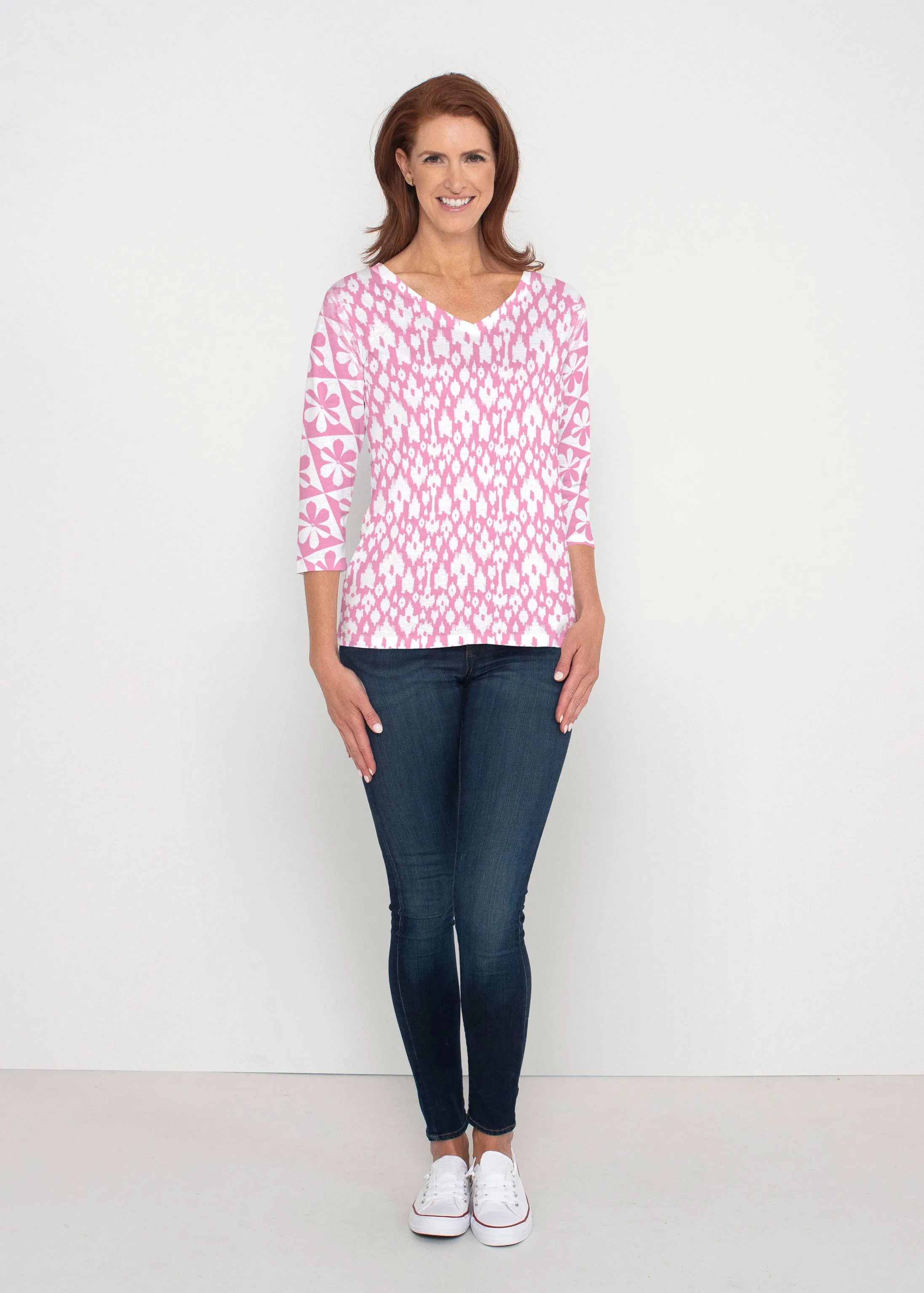 Cosmo Ikat (7933) ~ Signature 3/4 Sleeve V-Neck Top